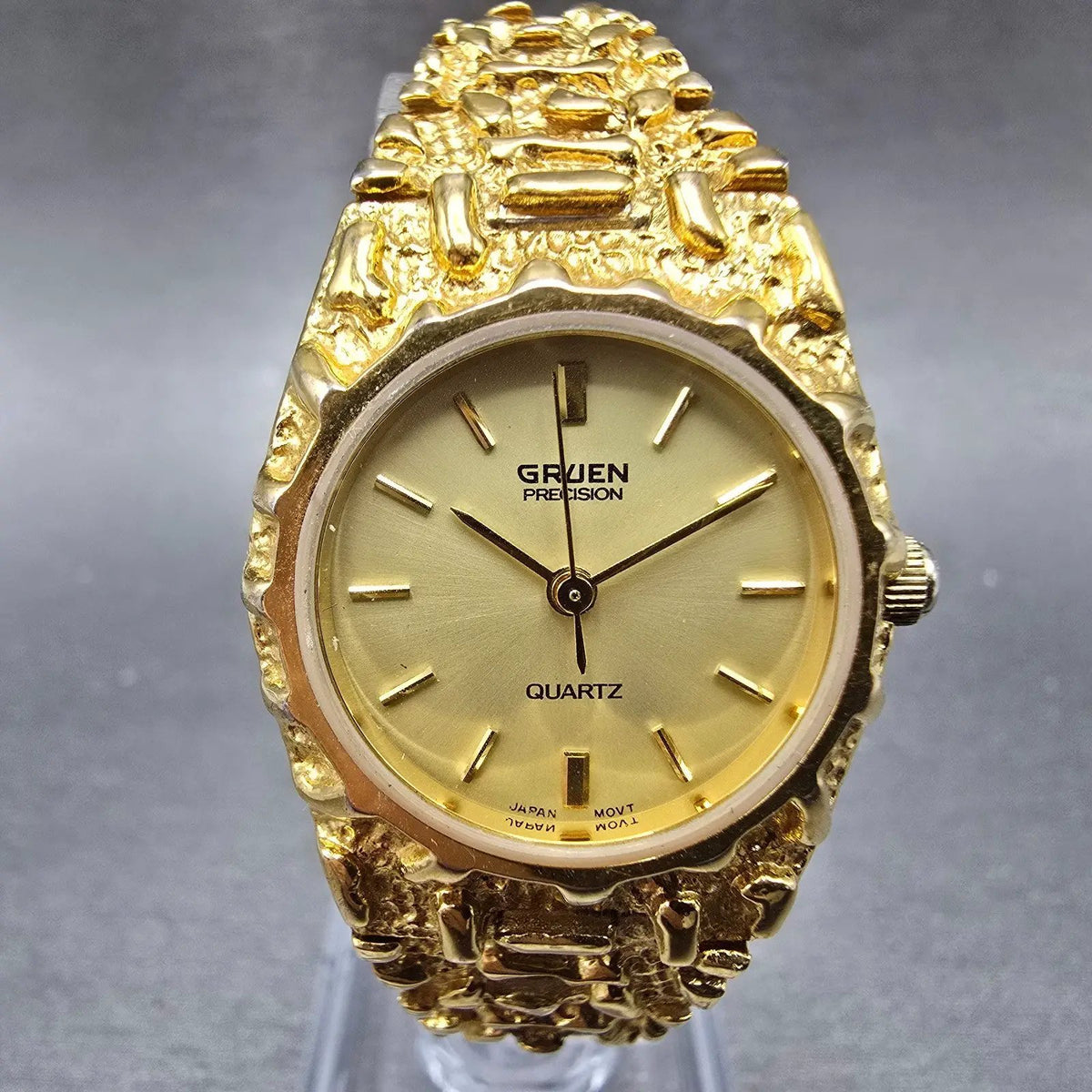 Gruen Watch Women 24mm Gold Dial Gold Nugget Case Tone New Battery VTG0