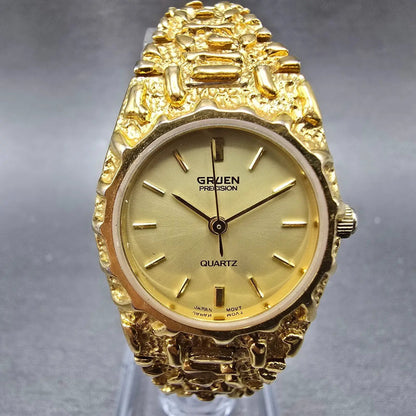 Gruen Watch Women 24mm Gold Dial Gold Nugget Case Tone New Battery VTG0