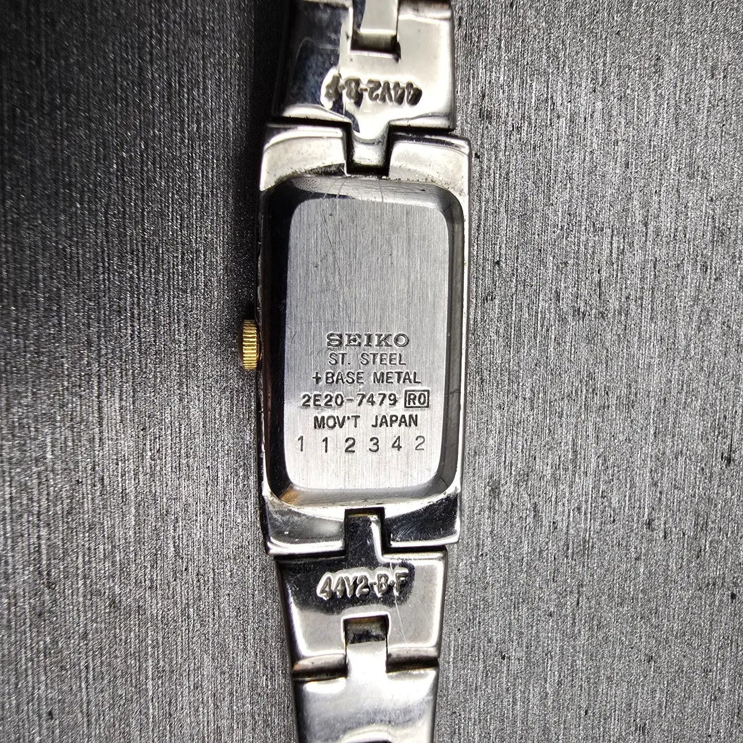 Seiko Watch Women 13mm White Dial Two Tone Rectangle 2E20-7479 New Battery VTG10