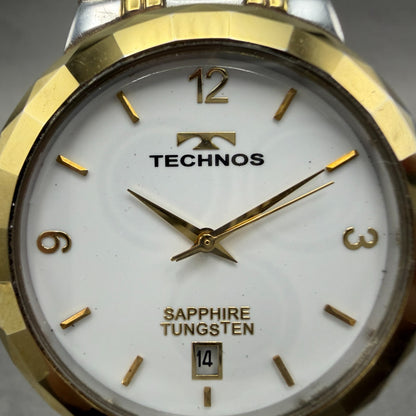 Technos Watch Men 35mm White Dial Two Tone Date Round T9158 New Battery1