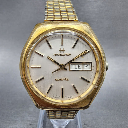 Hamilton Watch Men 37mm White Dial Gold Tone Daydate Round 70900614 New Battery0