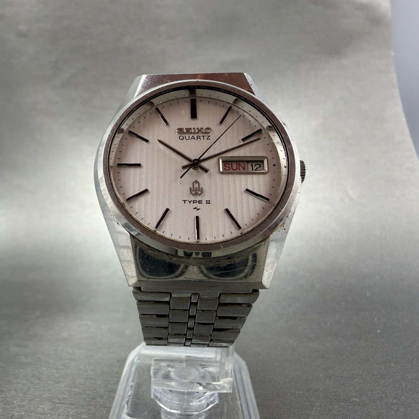 Seiko Type II Watch Men 35mm Silver Dial Silver Tone Daydate 7123-8100 New Batt35