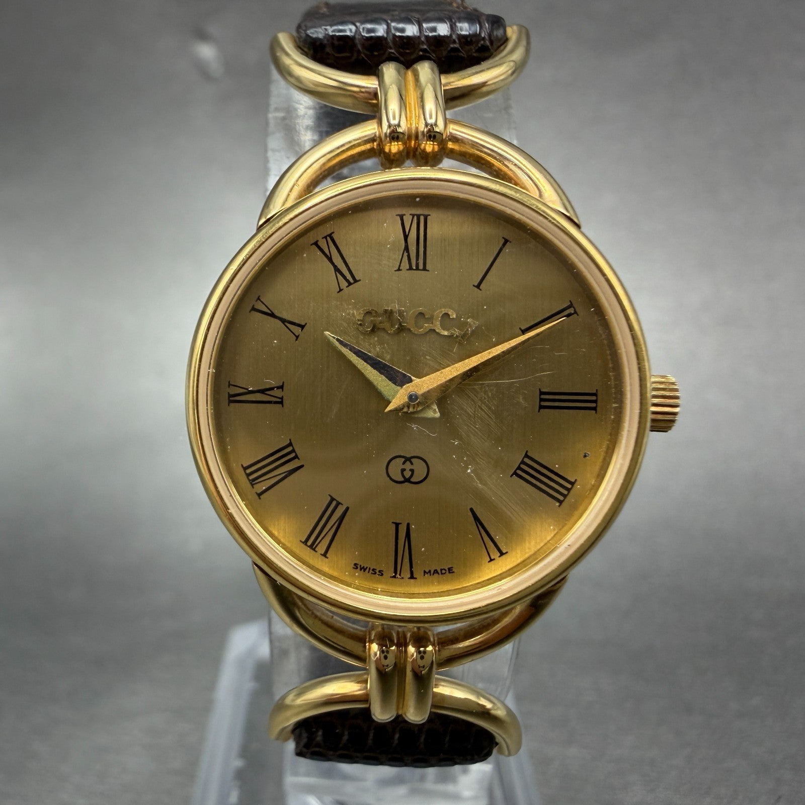 Gucci 6000L Watch Women 23mm Champagne Dial Gold Plated Round Roman PARTS0