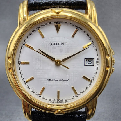 Orient Watch Men 32mm White Dial Gold Tone Date Round New Battery1