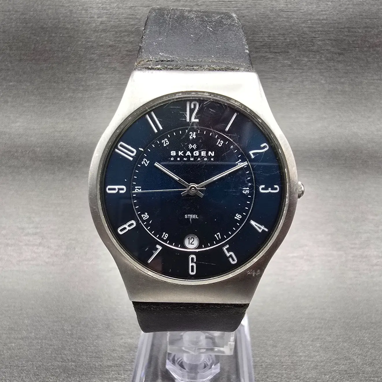 Skagen Watch Men 37mm Blue Dial Silver Tone Date Round 233XXLSLN READ!! New Batt0