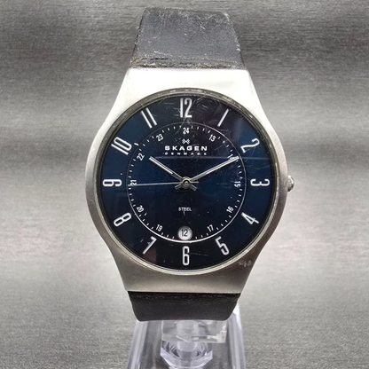 Skagen Watch Men 37mm Blue Dial Silver Tone Date Round 233XXLSLN READ!! New Batt0