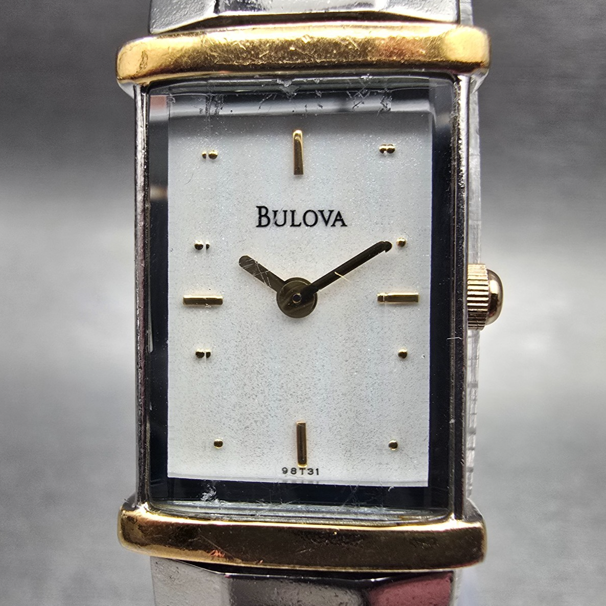 Bulova Watch Women 15mm White Dial Two Tone Rectangle 98T31 New Battery1