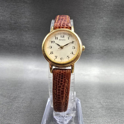 Seiko Watch Women 22mm Ivory Dial Gold Tone Round V401-1409 New Battery Vintage35