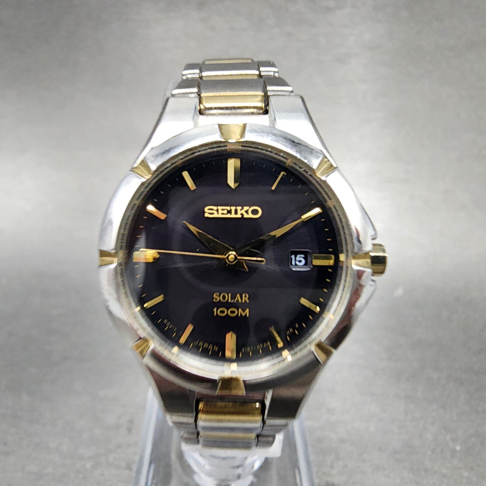 Seiko Solar Watch Women 27mm Black Dial Two Tone Date Round V1370CH0 Works0