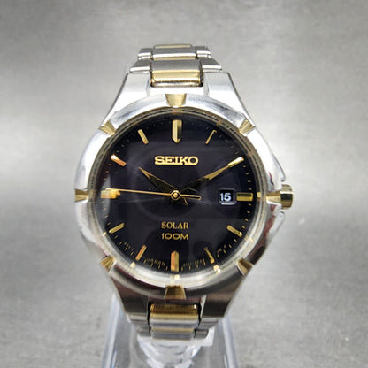 Seiko Solar Watch Women 27mm Black Dial Two Tone Date Round V1370CH0 Works0