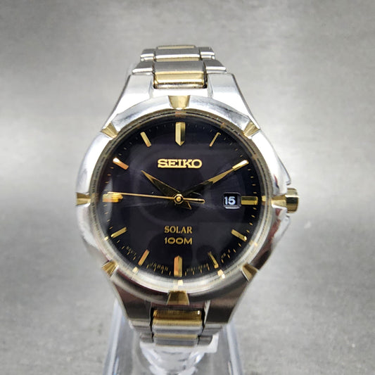 Seiko Solar Watch Women 27mm Black Dial Two Tone Date Round V1370CH0 Works0