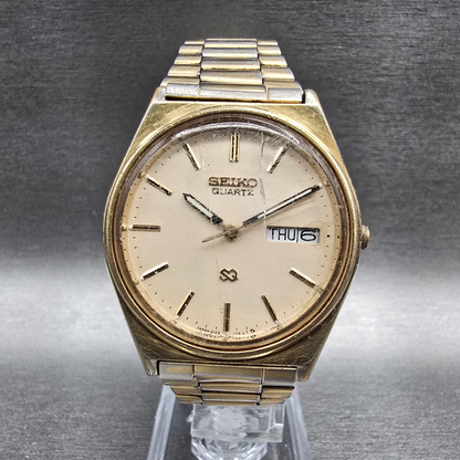 Seiko SQ Watch Men 34mm Ivory Dial Gold Tone Daydate Round 8123-7239 New Battery0