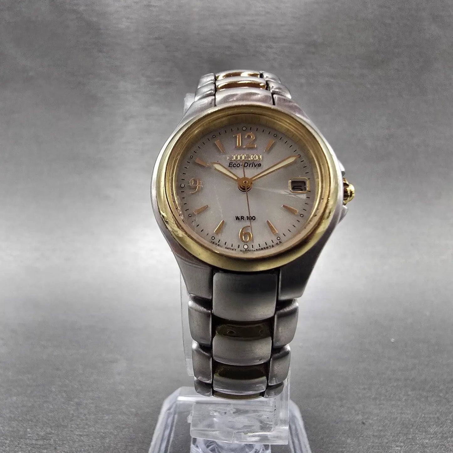 Citizen Eco-Drive Watch Women 25mm White Dial Two Tone Date E011-S039967 Runs5