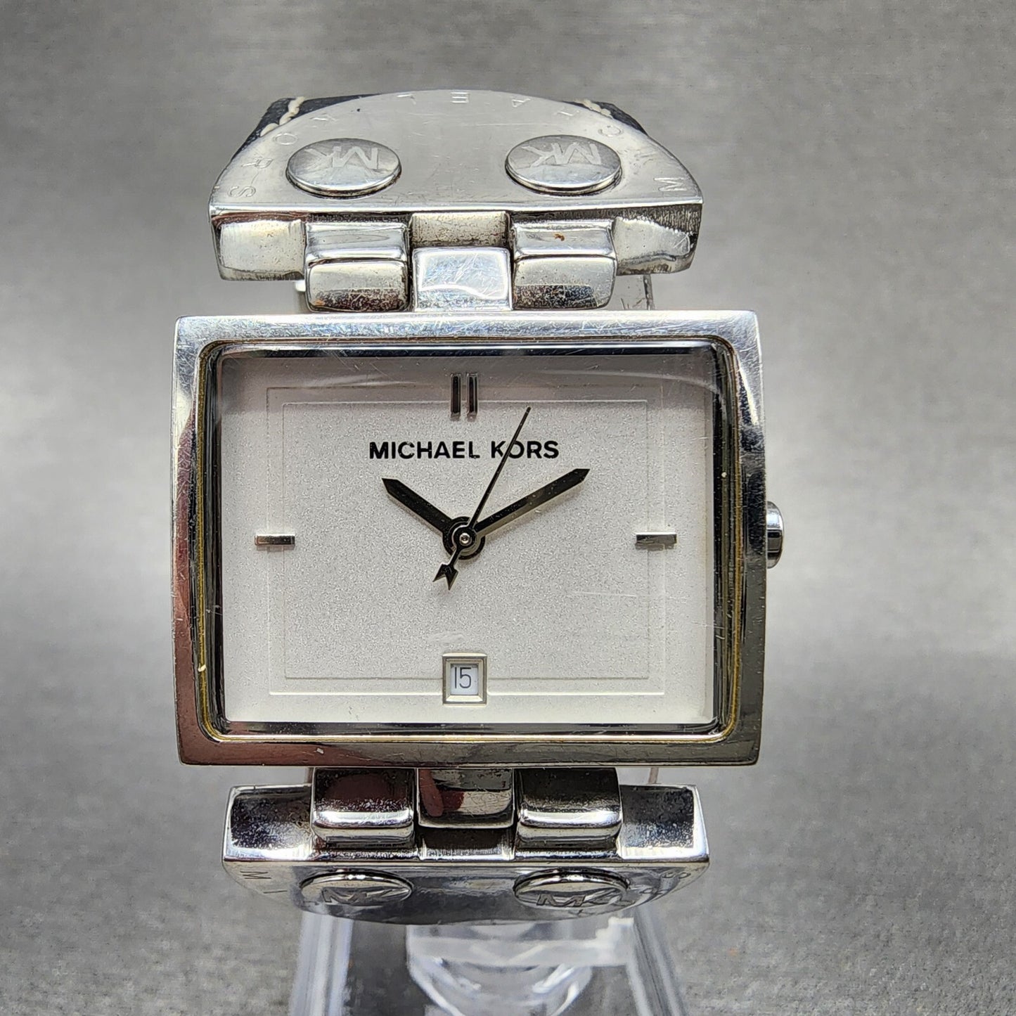 Michael Kors Watch Women 28mm White Dial Steel Date Rectangle MK4054 New Batt0