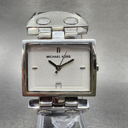 Michael Kors Watch Women 28mm White Dial Steel Date Rectangle MK4054 New Batt0