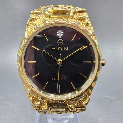 Elgin Watch Men 33mm Black Dial Gold Nugget Case Tone Round New Battery VTG0