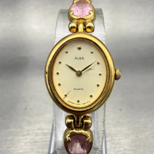 Seiko Alba Watch Women 18mm Cream Dial Gold Tone Oval V400-5150 New Battery VTG0