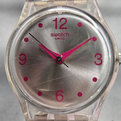 Swatch PINK SPOTS Watch Women Silver Dial Clear Case Round LK316 New Battery1
