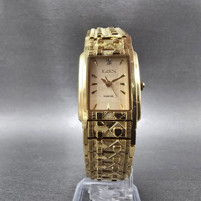 Elgin Tank Watch Women 19mm Gold Dial Gold Tone Rectangle EG286NB New Battery5