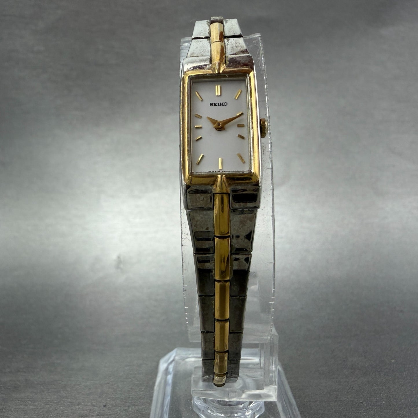 Seiko Watch Women 12mm White Dial Two Tone Rectangle 2E20-7479 New Battery JHK125
