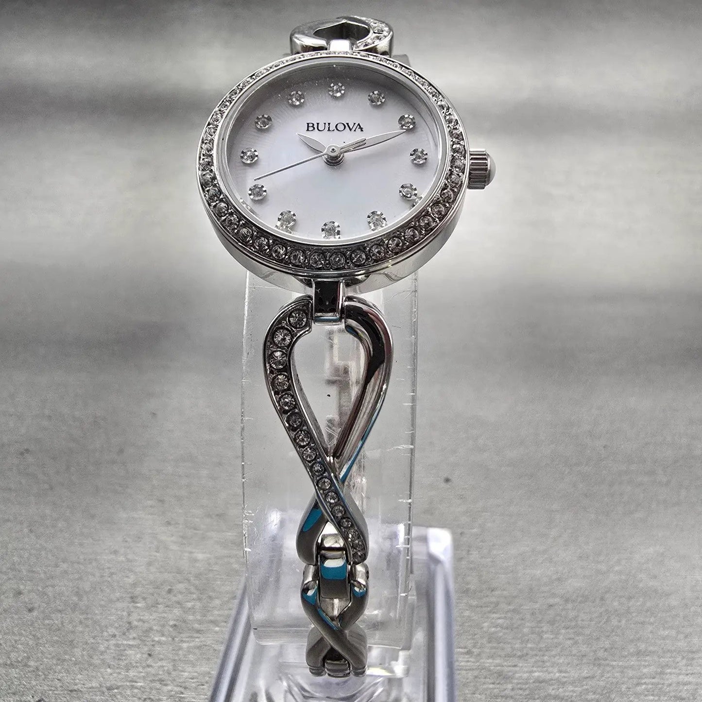 Bulova Watch Women 23mm MOP Dial Silver Tone Gemmed 96X129 New Battery5
