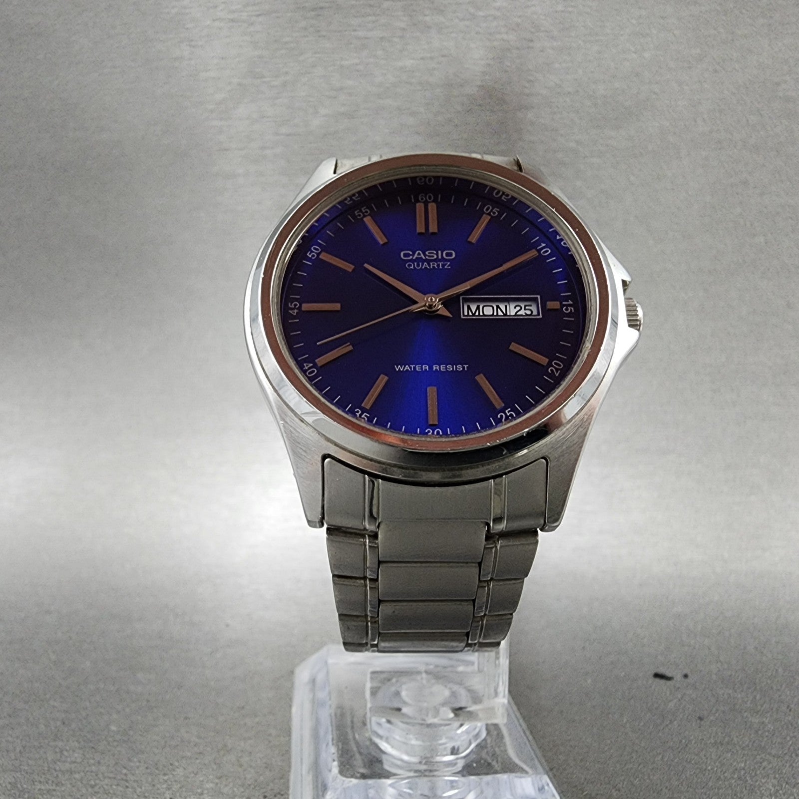 Casio Watch Men 37mm Blue Dial Silver Tone Daydate MTP1239DJ New Battery ABC1235