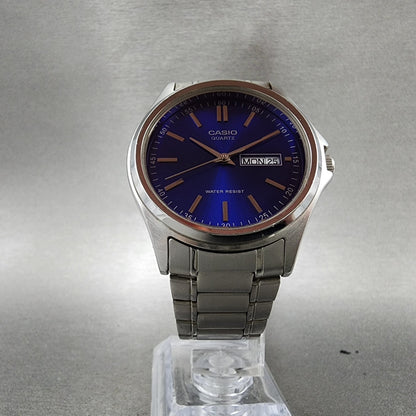 Casio Watch Men 37mm Blue Dial Silver Tone Daydate MTP1239DJ New Battery ABC1235