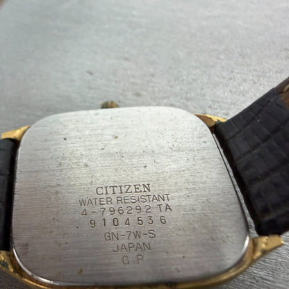 Citizen CQ Tank Watch Men 30mm Black Dial Gold Tone 4-796292 Rectangle PARTS10