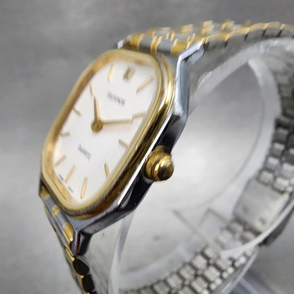 Technos Tank Watch Women 21mm White Dial Two Tone Rectangle New Battery2