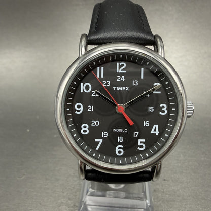 Timex Weekender Watch Men 38mm Black Dial Silver Tone Indiglo New Battery AB1230