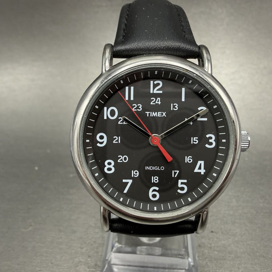 Timex Weekender Watch Men 38mm Black Dial Silver Tone Indiglo New Battery AB1230