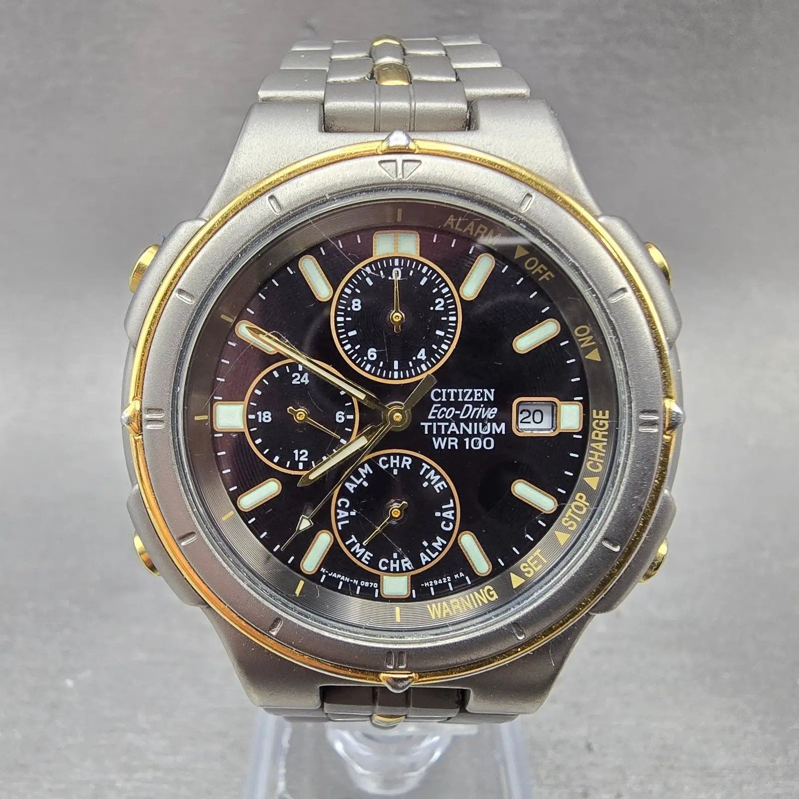 Citizen Eco-Drive Watch Men 38mm Black Dial Two Tone Titanium Alarm Chrono Runs0