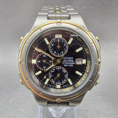 Citizen Eco-Drive Watch Men 38mm Black Dial Two Tone Titanium Alarm Chrono Runs0