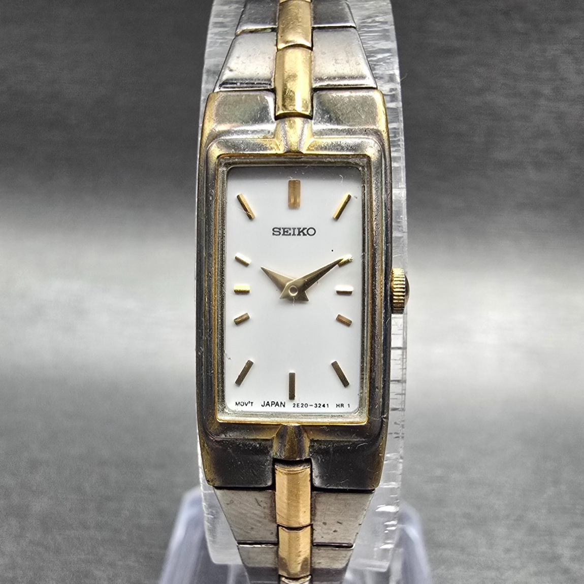 Seiko Watch Women 13mm White Dial Two Tone Rectangle 2E20-7479 New Battery JP20