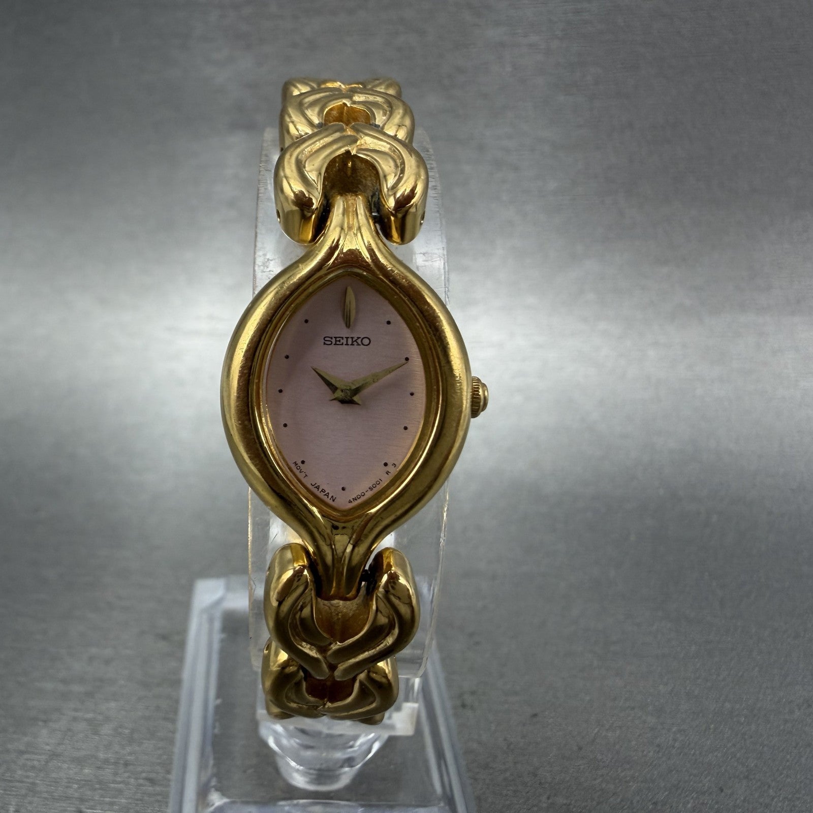 Seiko Watch Women 18mm Pink Dial Gold Tone Oval 4N006739 VTG New Battery0