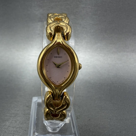 Seiko Watch Women 18mm Pink Dial Gold Tone Oval 4N006739 VTG New Battery0