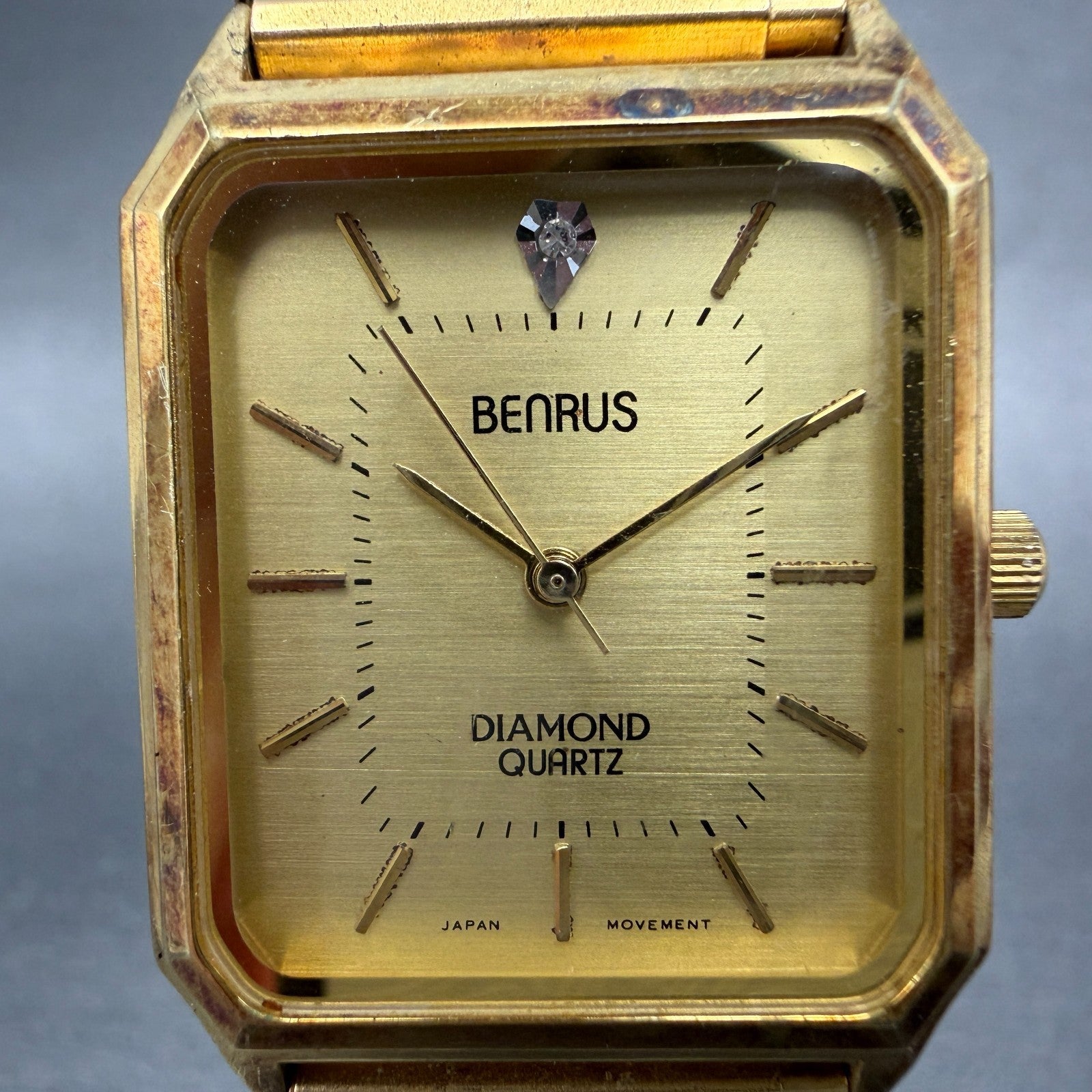 Benrus Tank Watch Men 26mm Gold Dial Gold Tone Octagon New Battery VTG1