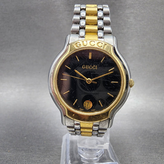 Gucci 8000m Watch Men 33mm Black Dial Two Tone Date Round Bracelet New Battery0
