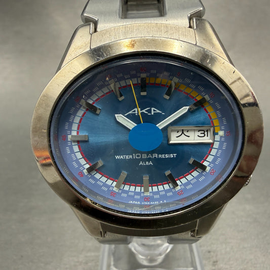 Seiko Alba AKA Watch Men 42mm Blue Dial Silver Tone Daydate V743-5a10 New Batt 30