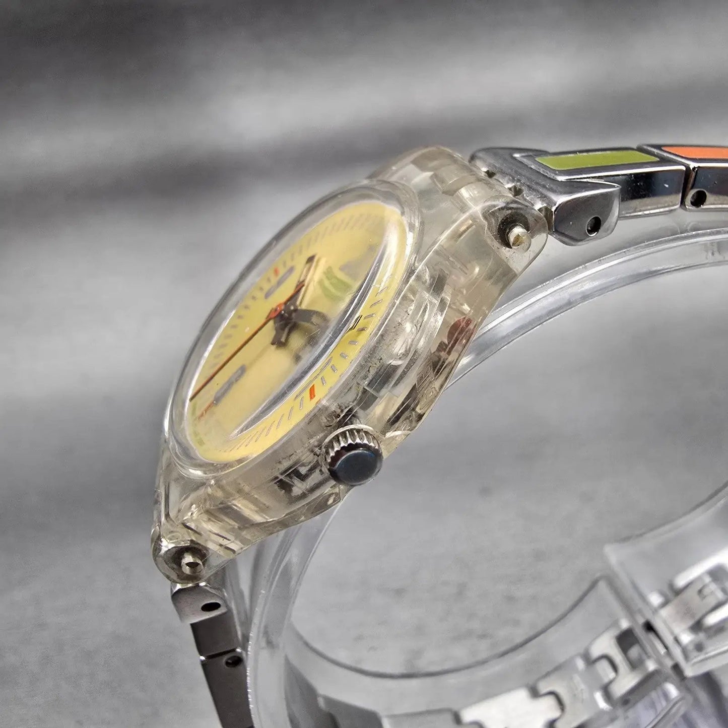 Swatch FALL OF LEAF Watch Women 25mm Yellow Dial Clear Case LK276G New Battery2