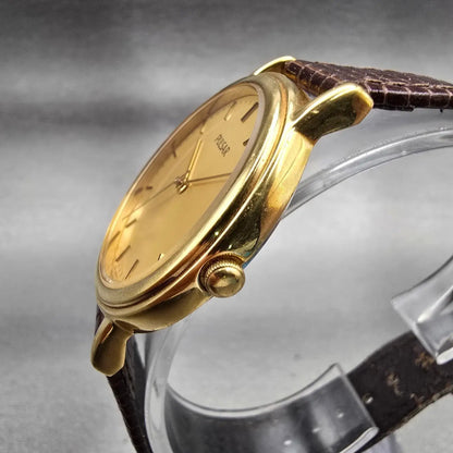 Seiko Pulsar Watch Men 34mm Gold Dial Gold Tone Round V501-X024 New Battery VTG2