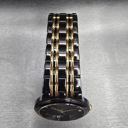 Seiko Watch Men 34mm Black Dial Black & Gold Date Round 7N22-7041 New Battery JP4