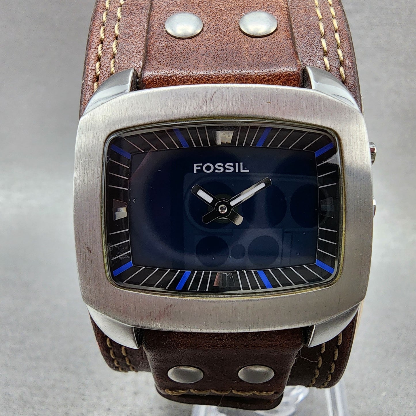 Fossil Big Tic Watch Women 33mm Blue Green Dial Silver Tone Rectangle New Batt1