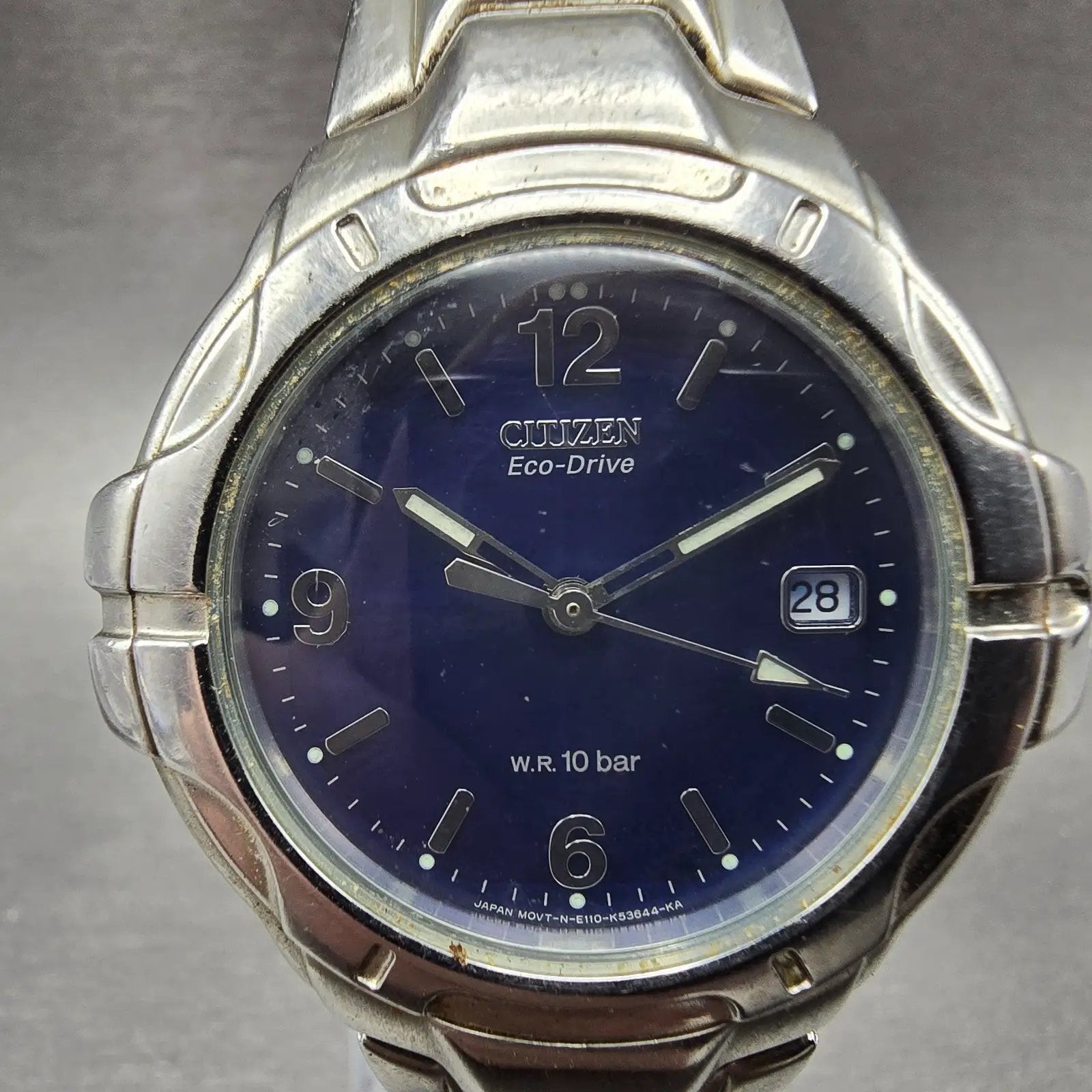 Citizen Eco-Drive Watch Men 36mm Blue Dial Silver Date Round E110-K17829 Runs0