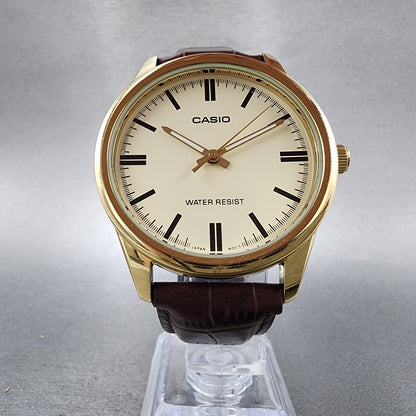 Casio MTPV005 Watch Men 40mm Cream Dial Gold Date Round Leather New Battery5
