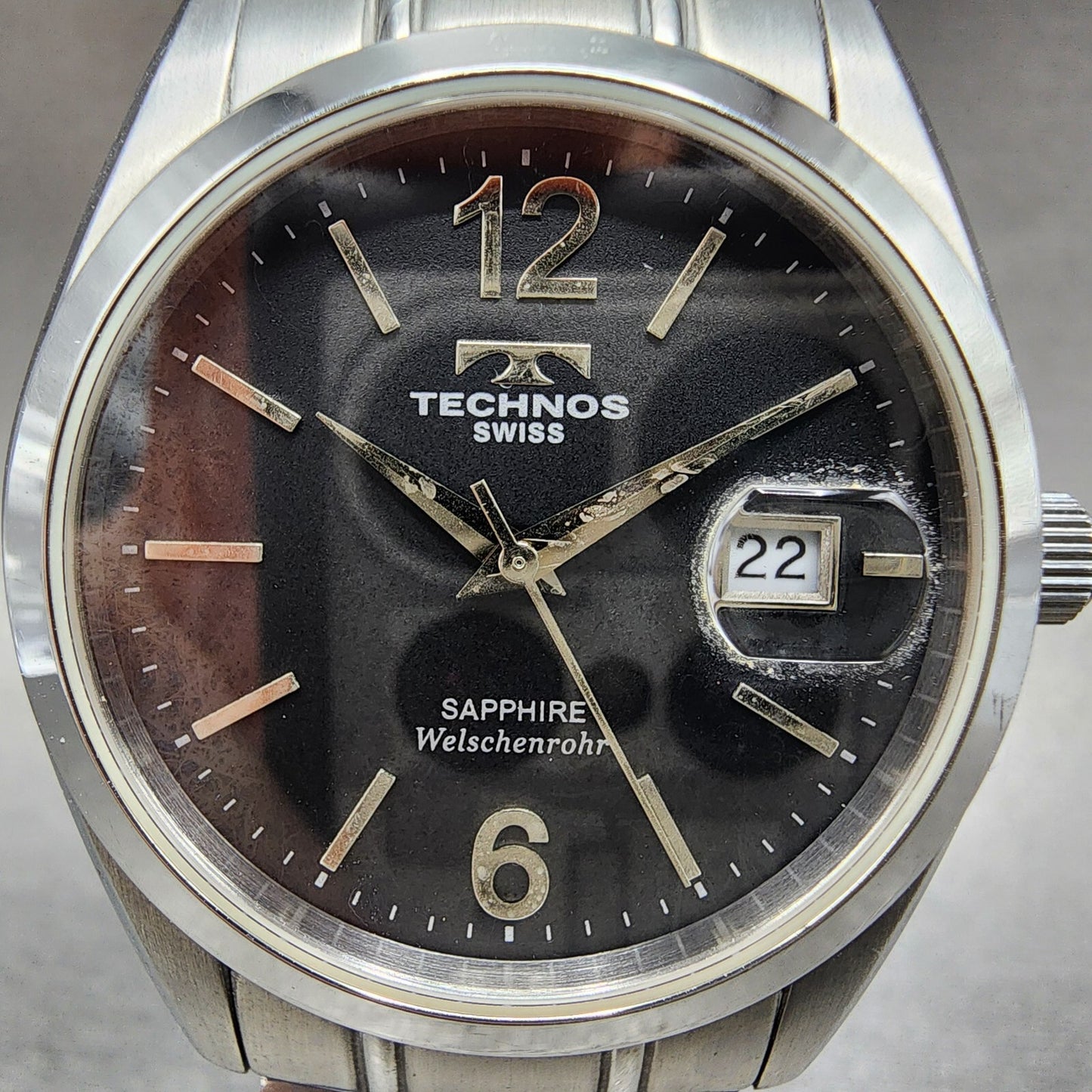 technos Watch Men 37mm Black Dial Silver Tone Date Round TGM656 New Battery1