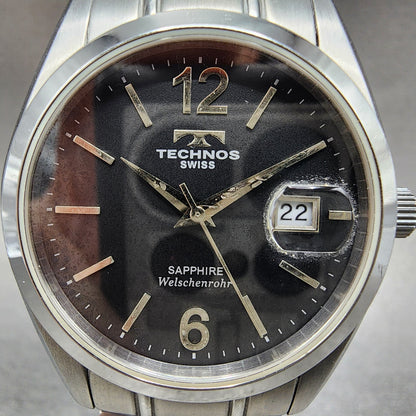technos Watch Men 37mm Black Dial Silver Tone Date Round TGM656 New Battery1