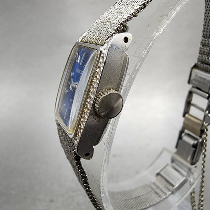 Seiko Tank Watch Women 15mm Blue Dial Silver Tone Rectangle 113189 Manual Runs2