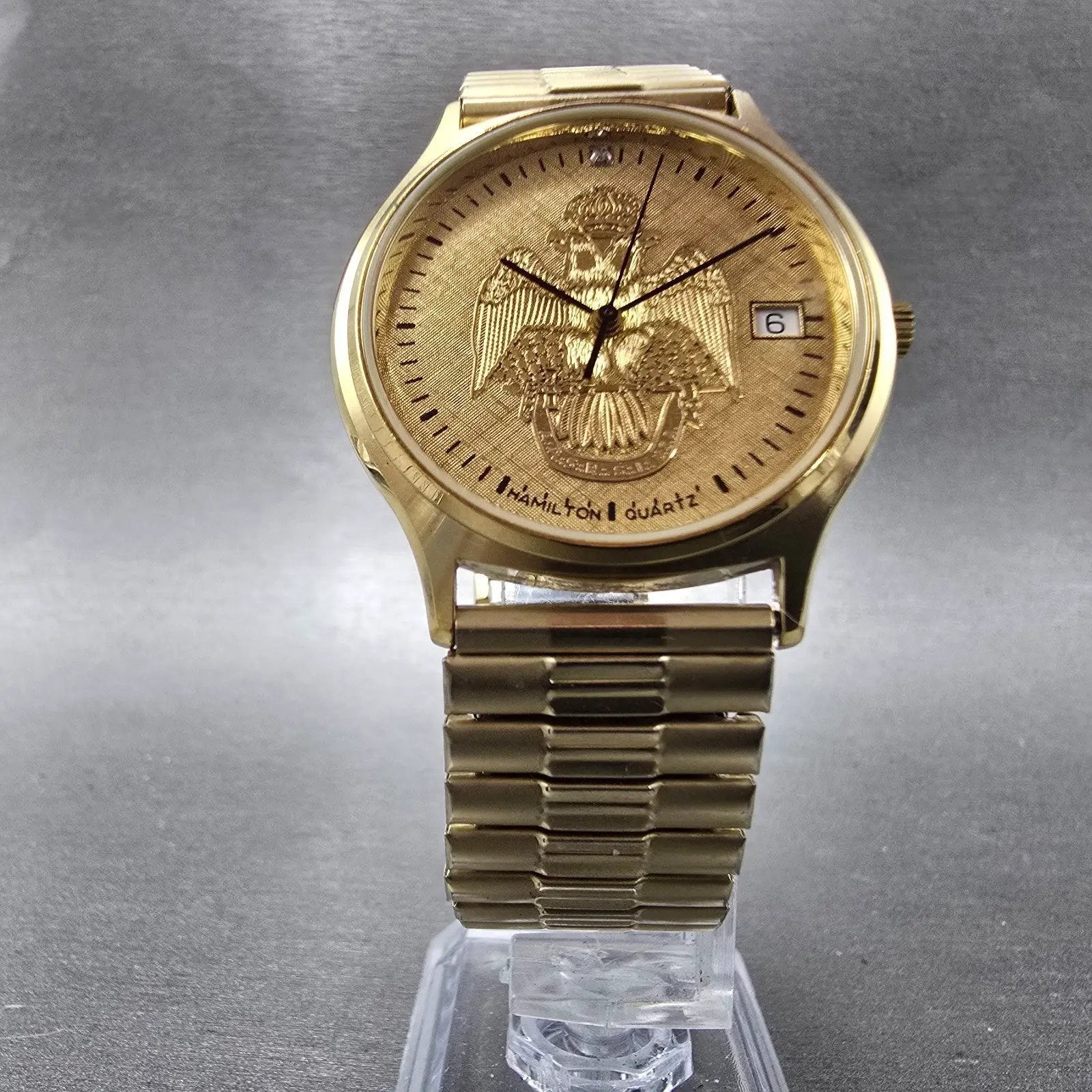 Hamilton Masonic Watch Men 34mm Gold Dial Gold Tone Date Round 9812 New BatteryP5