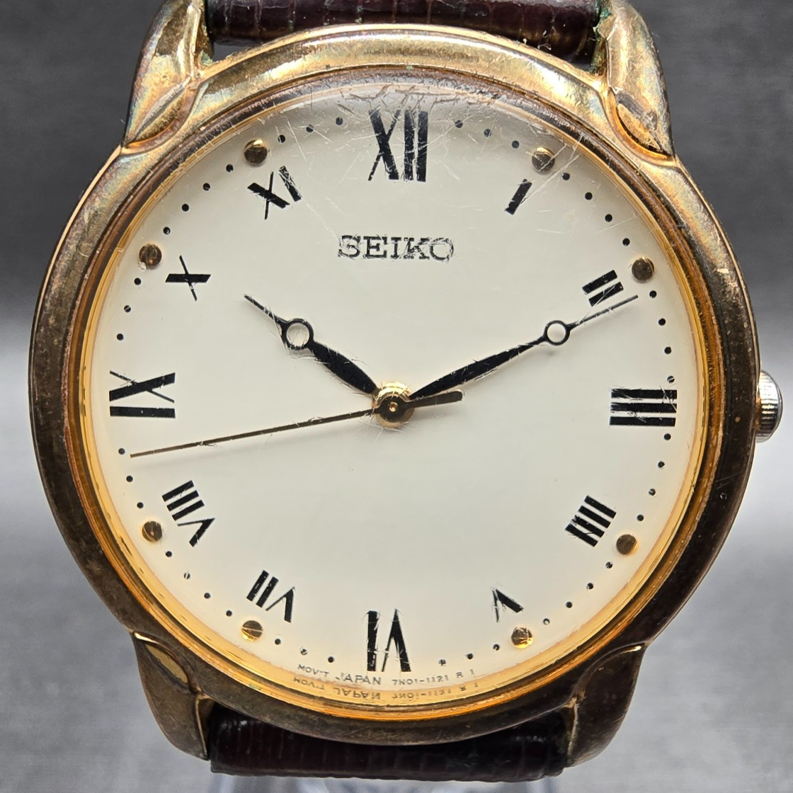 Seiko Watch Men 33mm Ivory Dial Gold Tone Round 7N01-6799 New Battery Vintage1